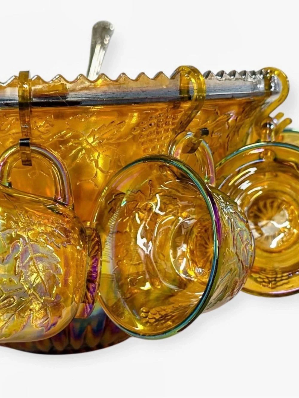 Vintage Indiana Glass Harvest Grape Marigold Carnival Punch Bowl Set 12 Cups